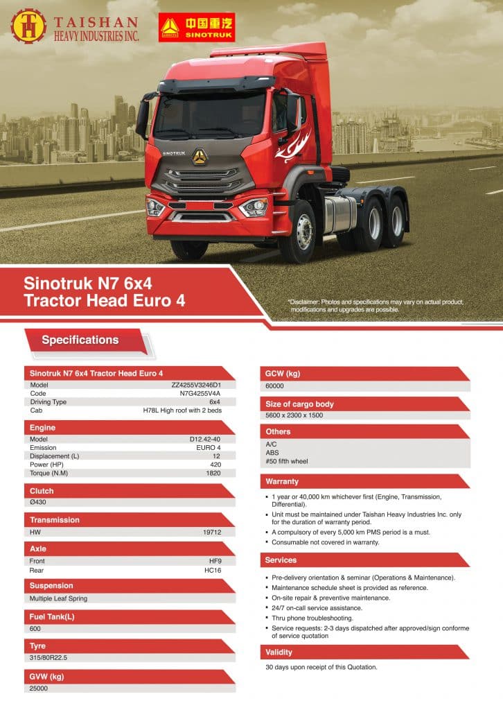 Red Sinotruk N7 6x4 Euro 4 tractor truck is parked on a road; nearby text details specifications, features, and warranty in English and Filipino.